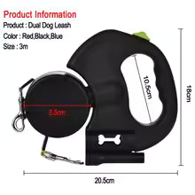 3M Retractable Double Dog Leash with Lights – Black