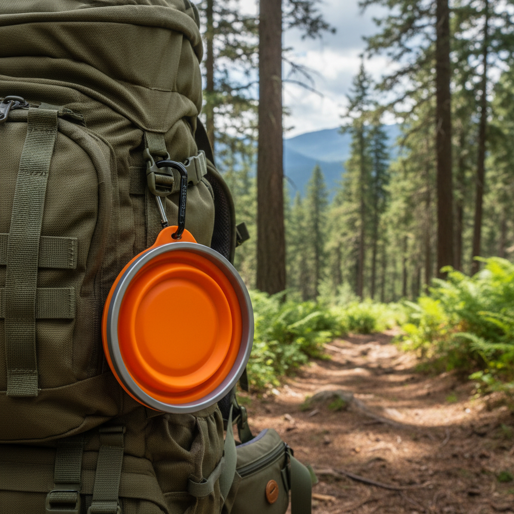 Bowl clipped to backpack