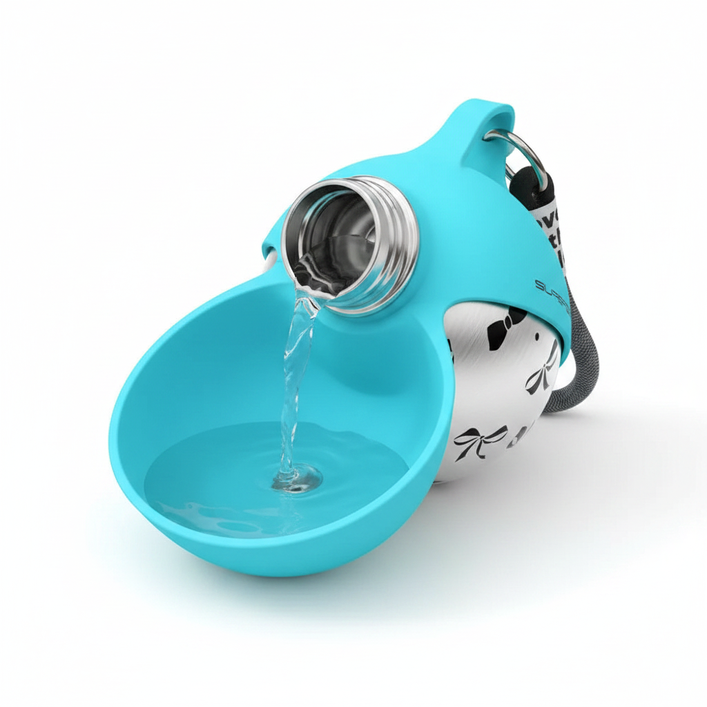 Stainless steel dog water bottle with folding cup open showing water tray