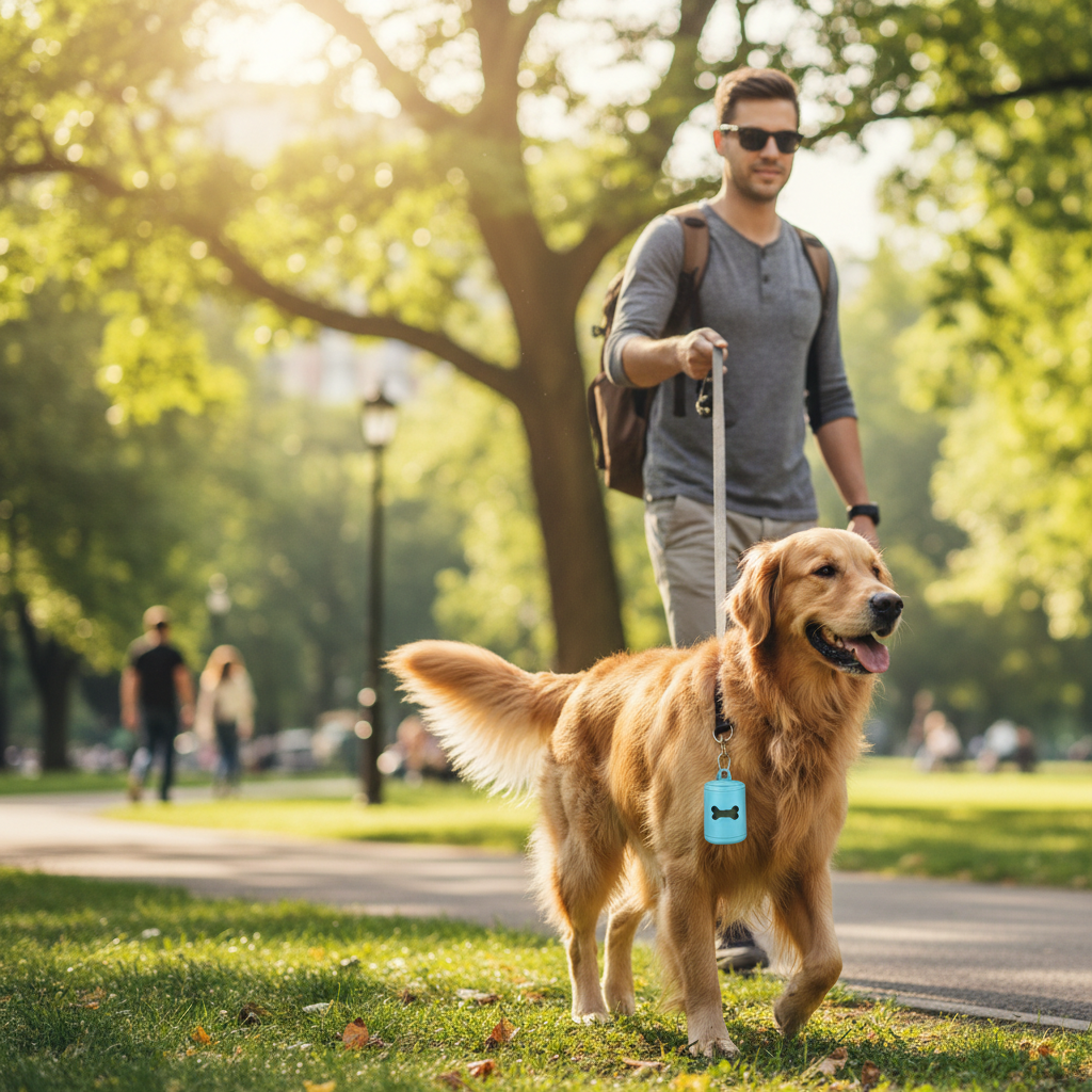 Dog poop bag dispenser clipped to leash on park walk