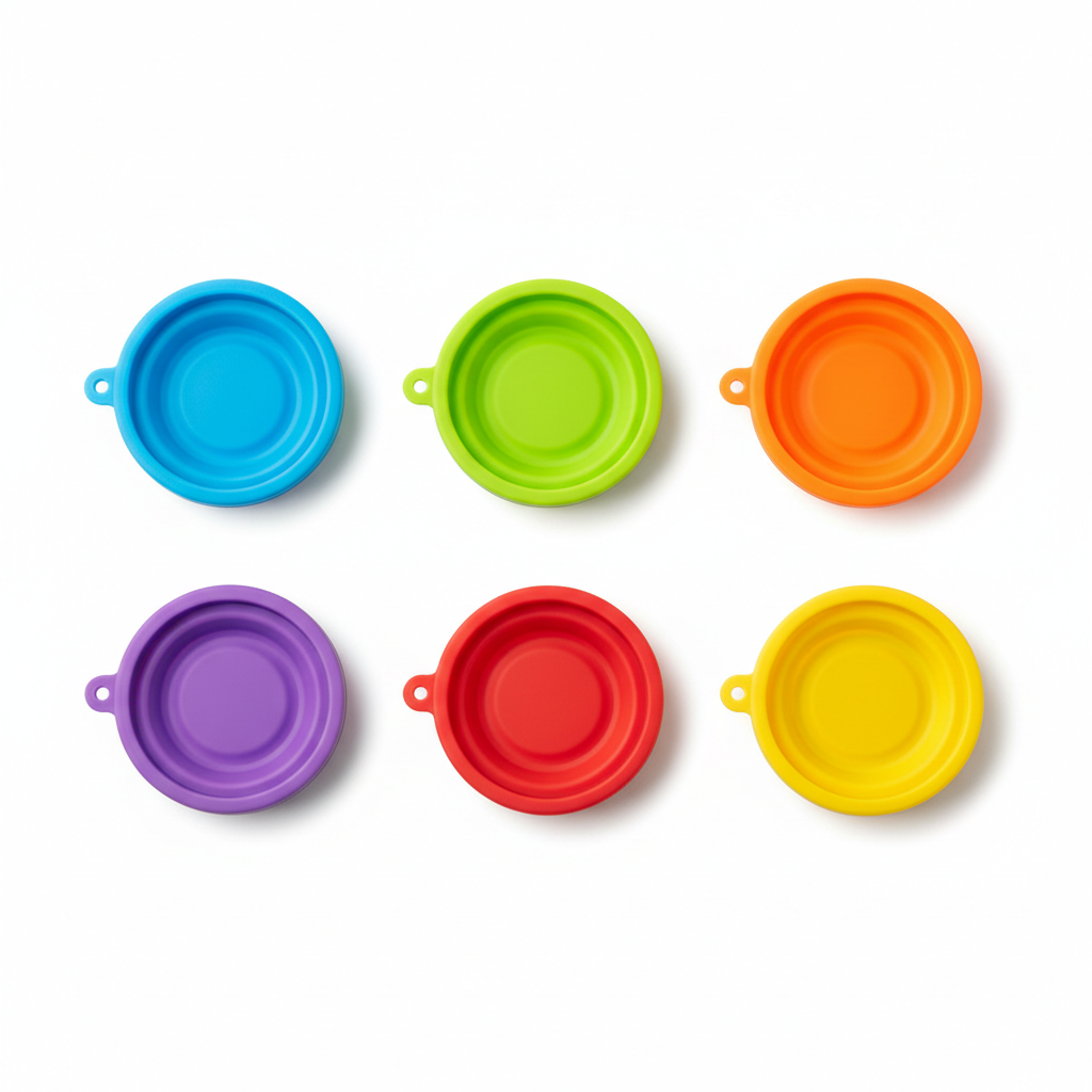 Collapsible silicone dog bowl in multiple colors flat lay