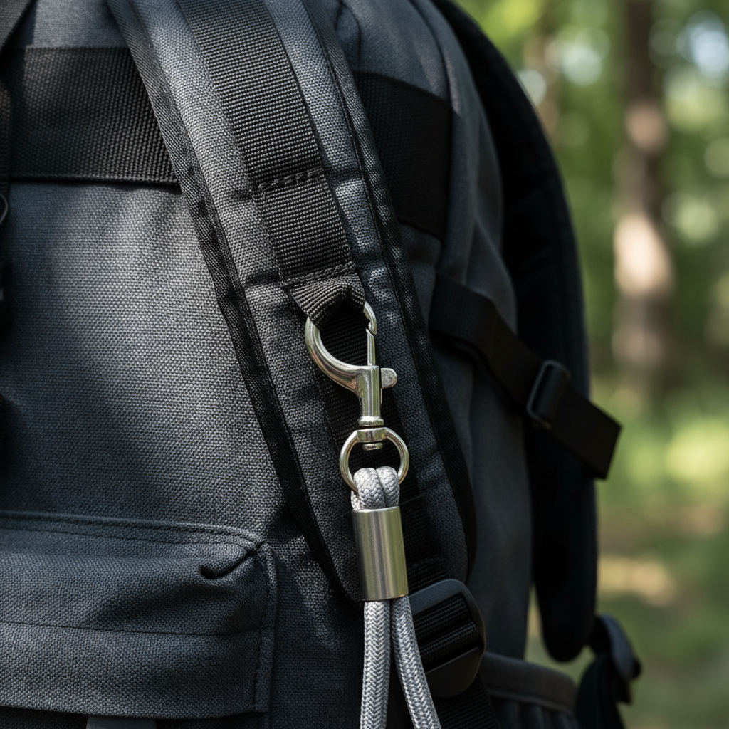 Stainless steel dog water bottle lanyard hook clipped to backpack