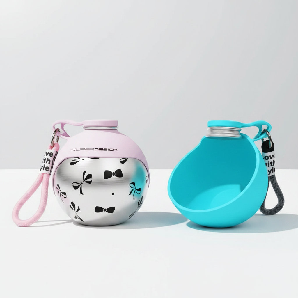 Stainless steel dog water bottle showing folding cup open and closed