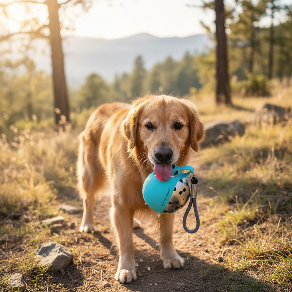 Dog drinking from stainless steel water bottle on hiking trail